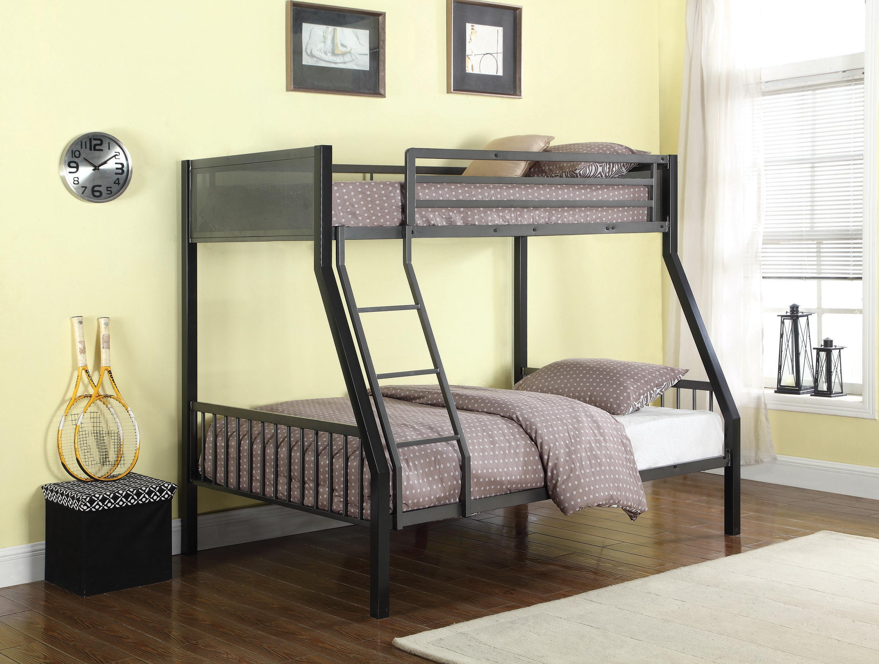 

    
Transitional Black Steel Twin/Full Bunk Bed Coaster 460391 Meyers
