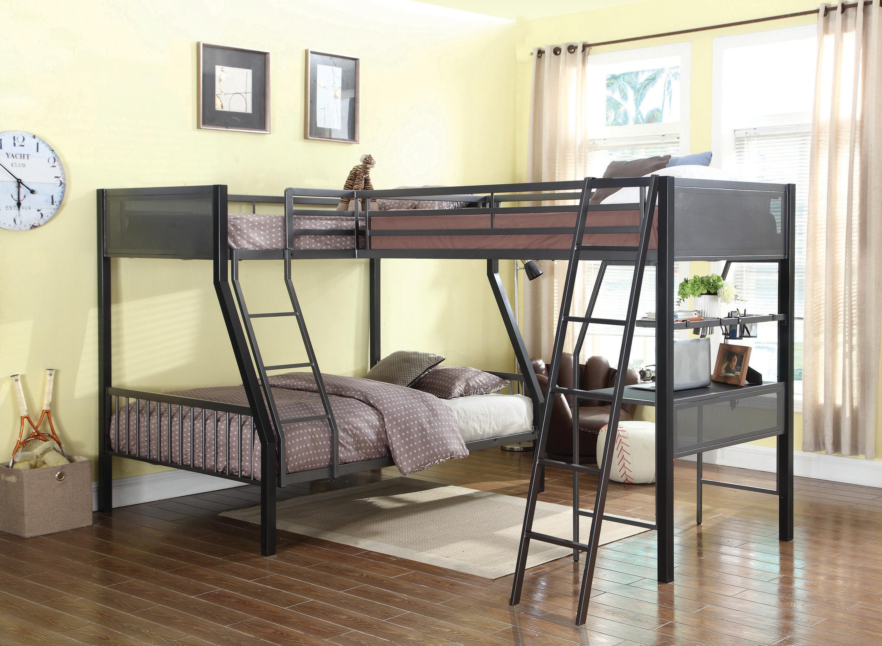 

    
Transitional Black Steel Twin/Full Bunk Bed Set 2pcs Coaster 460391-S2 Meyers

