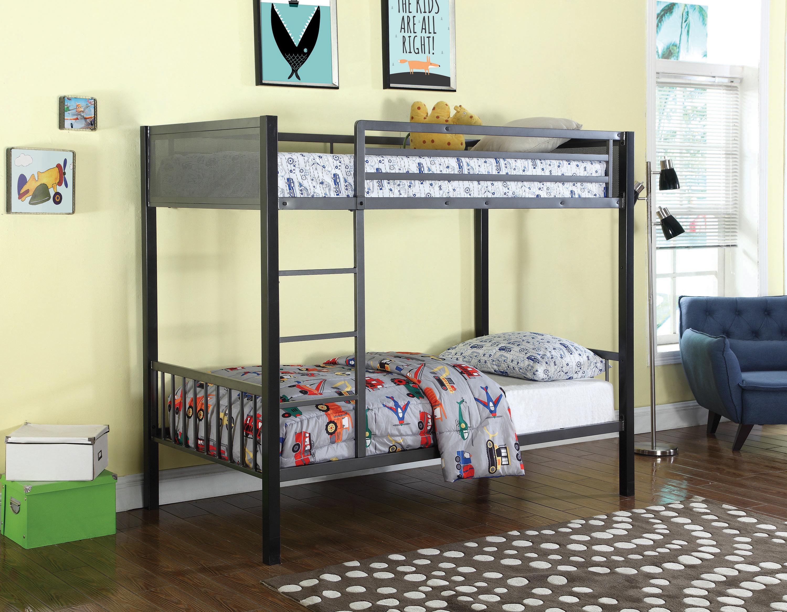 

    
Transitional Black Steel Twin/Twin Bunk Bed Coaster 460390 Meyers

