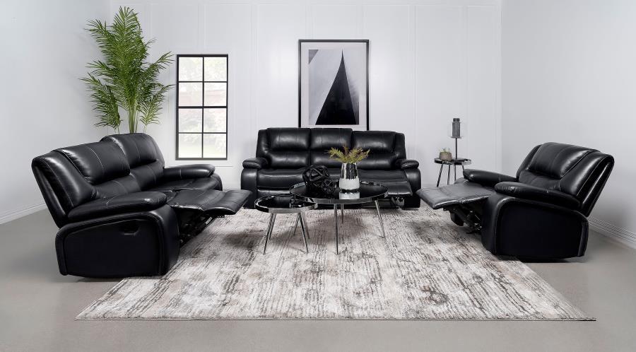 

    
Transitional Black Wood Reclining Living Room Set 3PCS Coaster Camila 610244
