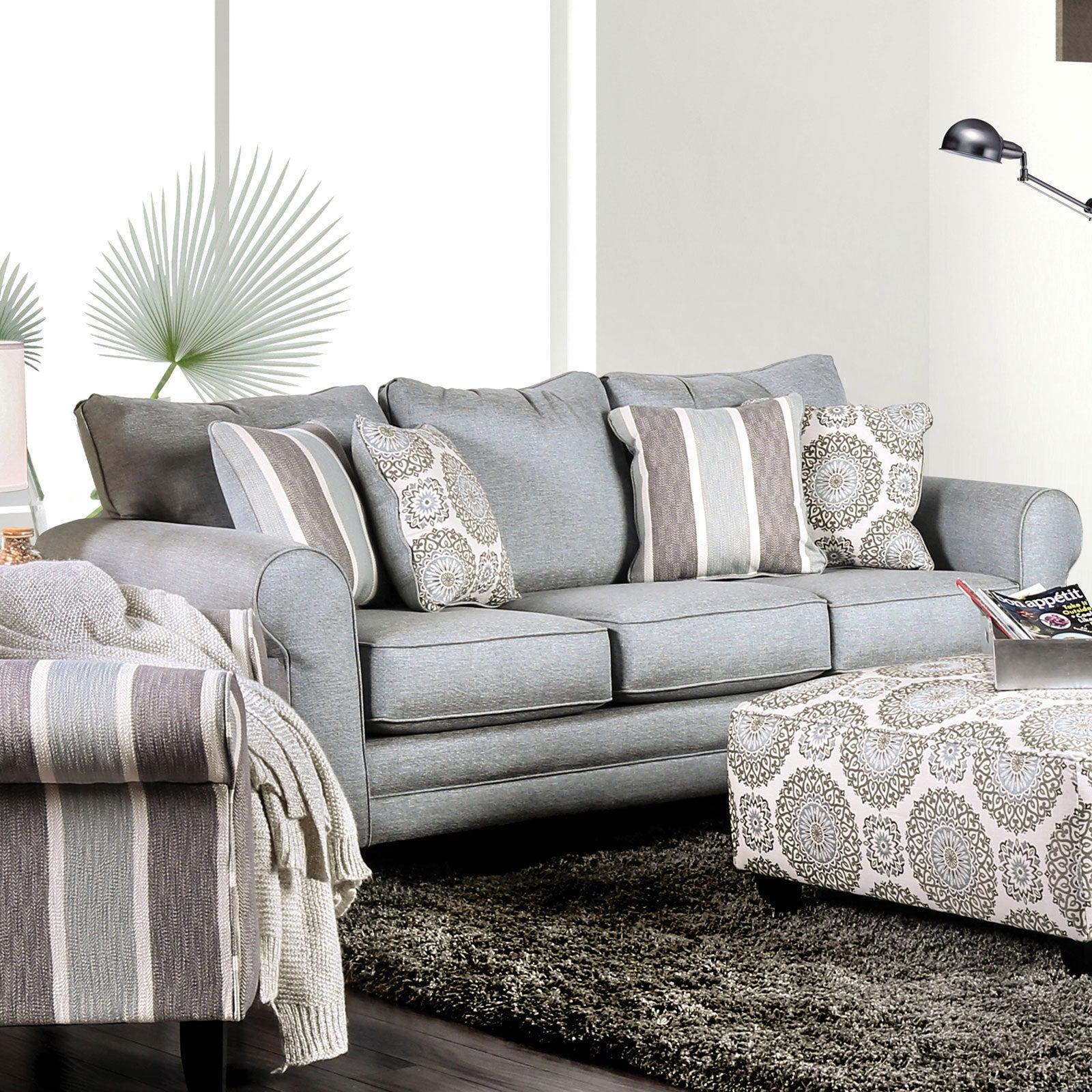 

    
Transitional Blue Gray Fabric Sofa and Loveseat Furniture of America Misty
