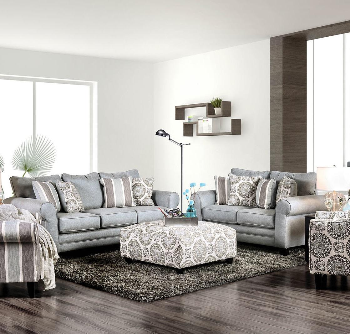 

    
Transitional Blue Gray Fabric Sofa and Loveseat Furniture of America Misty
