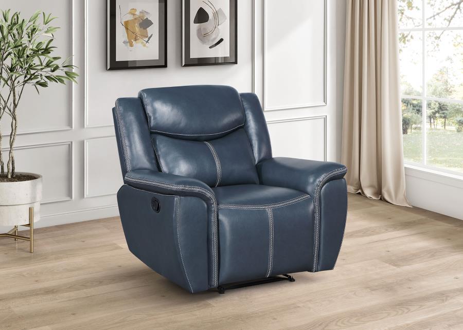 

    
Transitional Blue Wood Recliner Chair Coaster Sloane 610273
