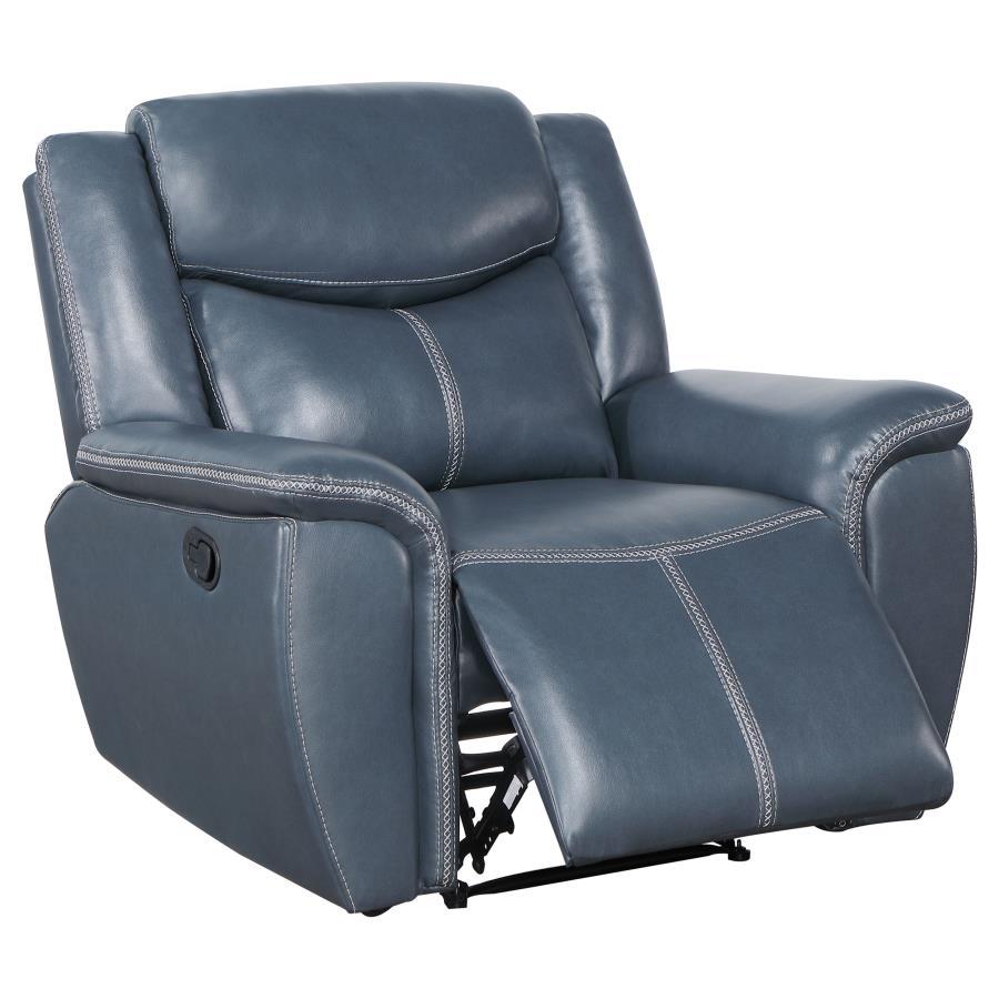 

    
Transitional Blue Wood Recliner Chair Coaster Sloane 610273

