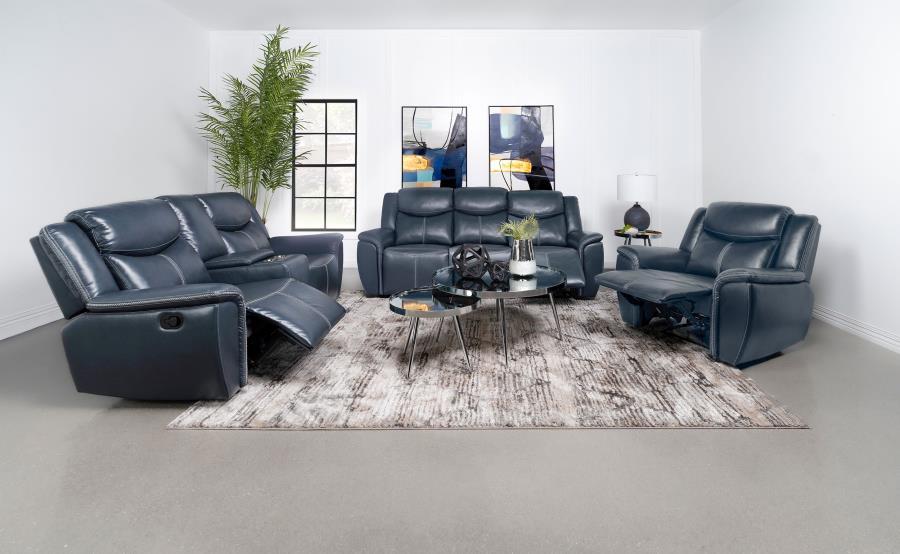 

    
Transitional Blue Wood Reclining Living Room Set 3PCS Coaster Sloane 610271
