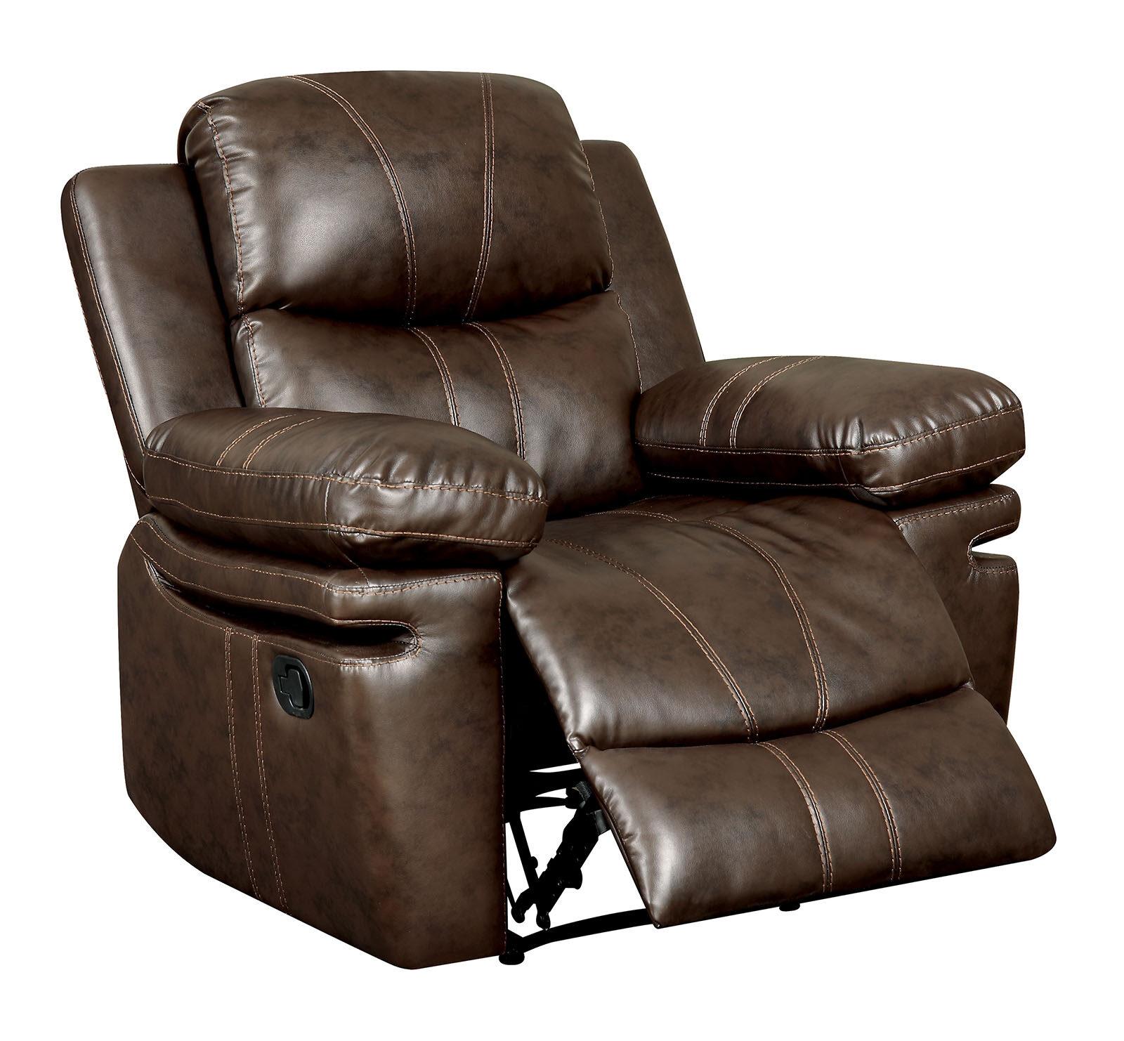 

                    
Furniture of America CM6992-3PC Listowel Recliner Sofa Loveseat and Chair Brown Bonded Leather Purchase 
