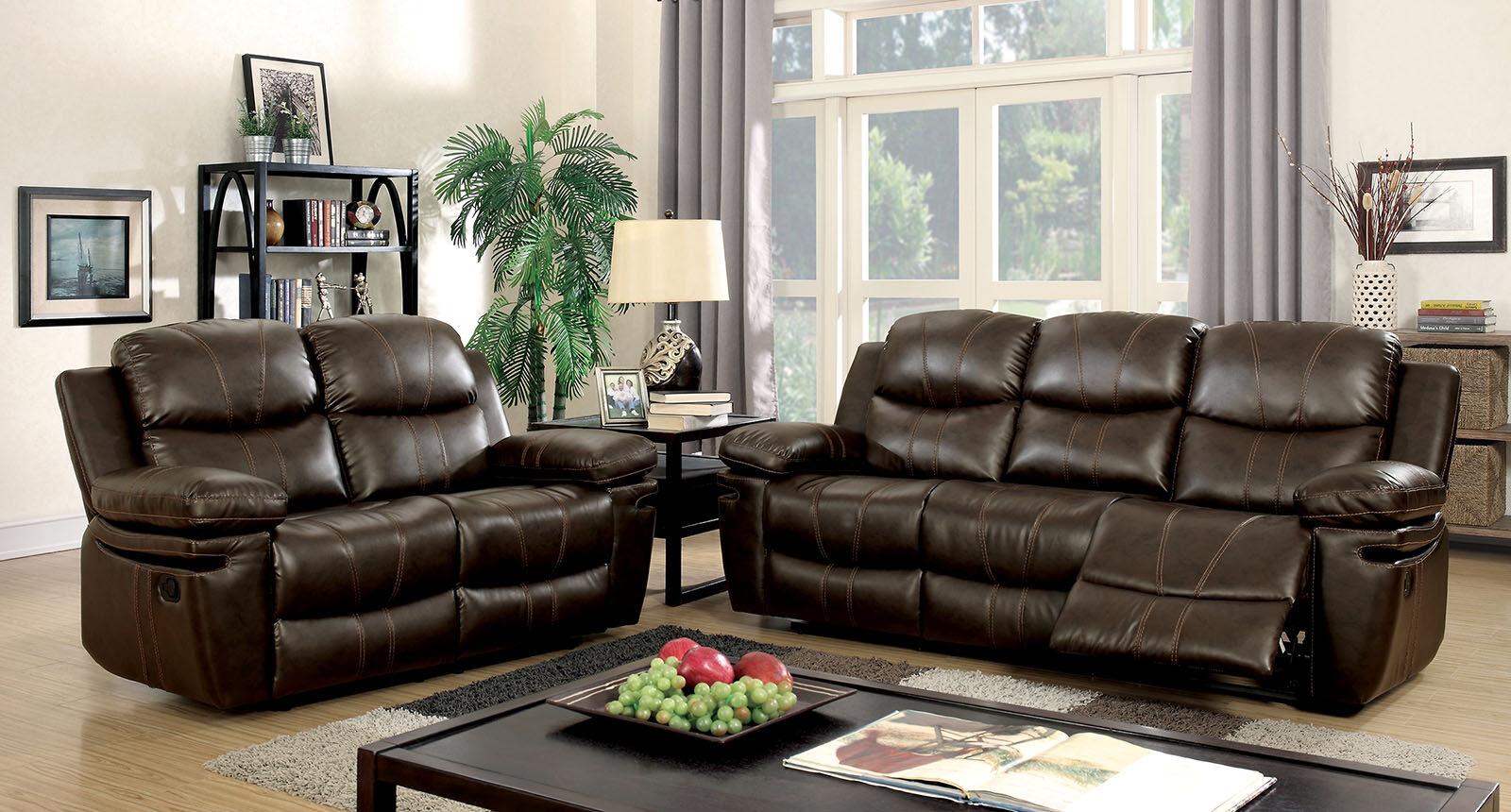 

    
Transitional Brown Bonded Leather Recliner Sofa and Loveseat Furniture of America Listowel
