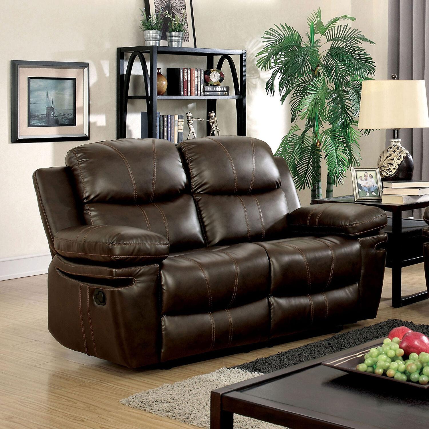 

                    
Furniture of America CM6992-2PC Listowel Recliner Sofa and Loveseat Brown Bonded Leather Purchase 
