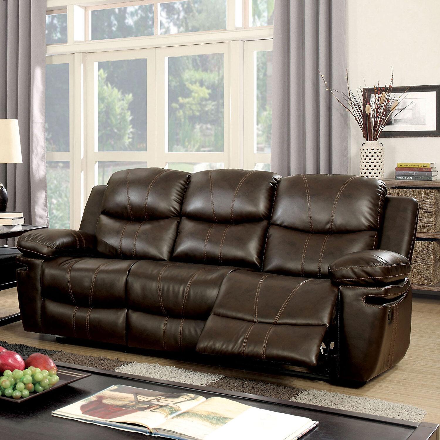 

    
Brown Bonded Leather Recliner Sofa LISTOWEL CM6992-SF FOA Transitional
