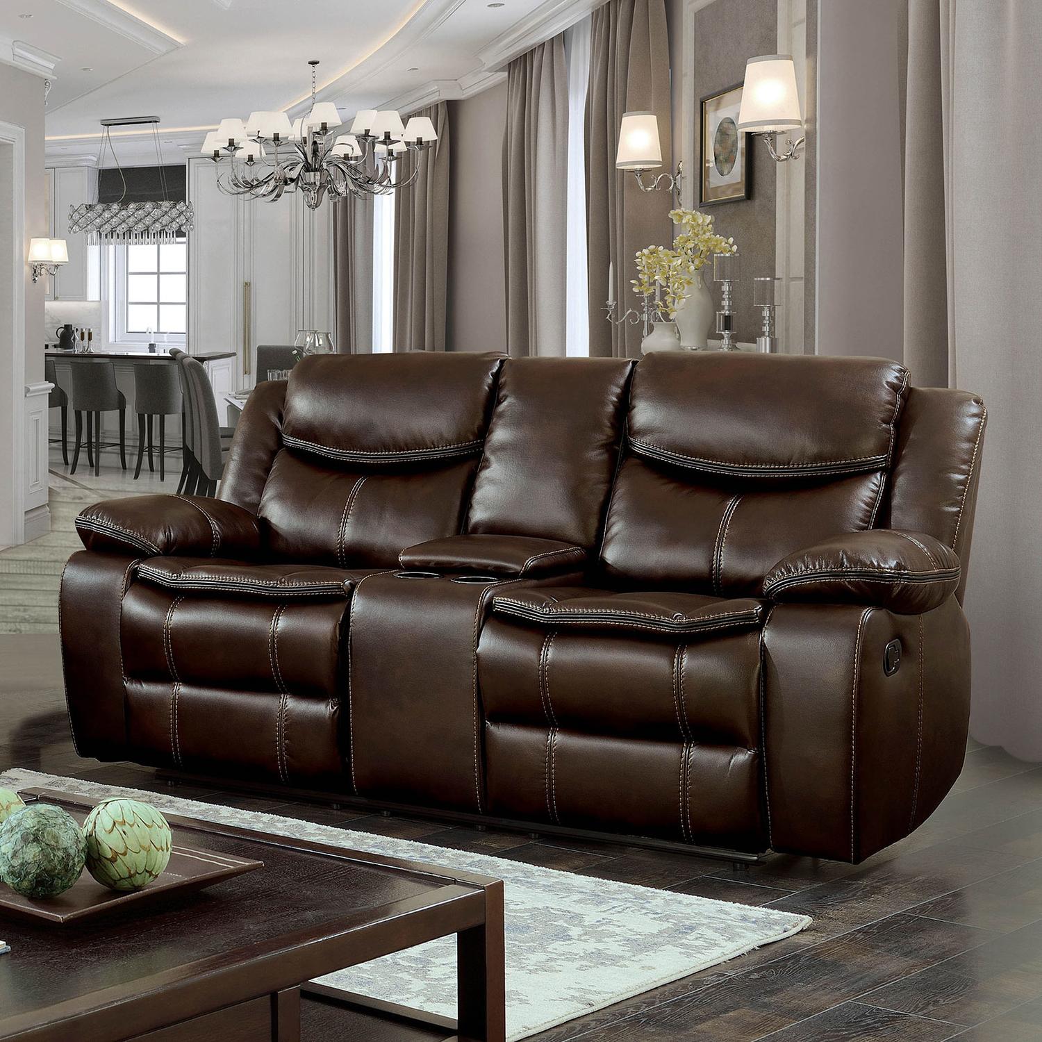 

    
Transitional Brown Breathable Leatherette Recliner Loveseat Furniture of America CM6981BR-LV-CT Pollux
