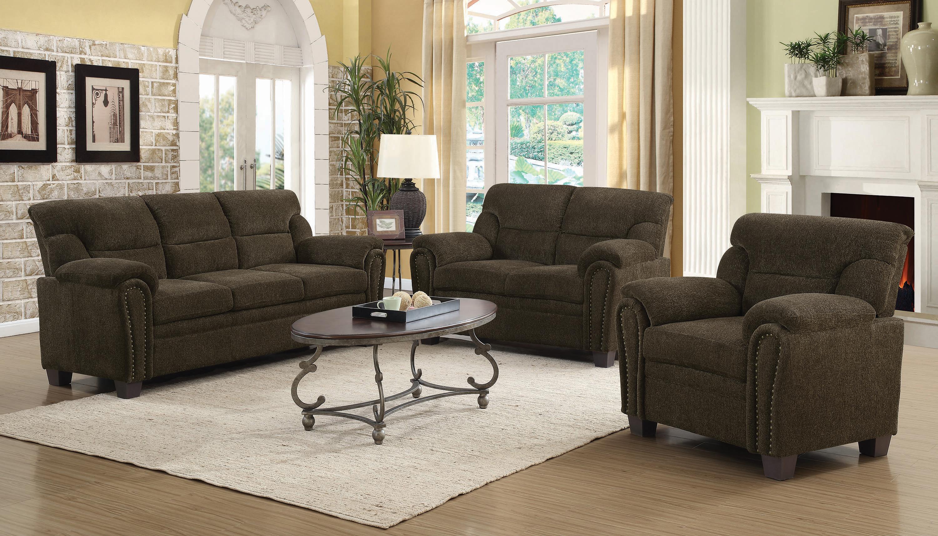 

    
Transitional Brown Chenille Living Room Set 3pcs Coaster 506571-S3 Clemintine
