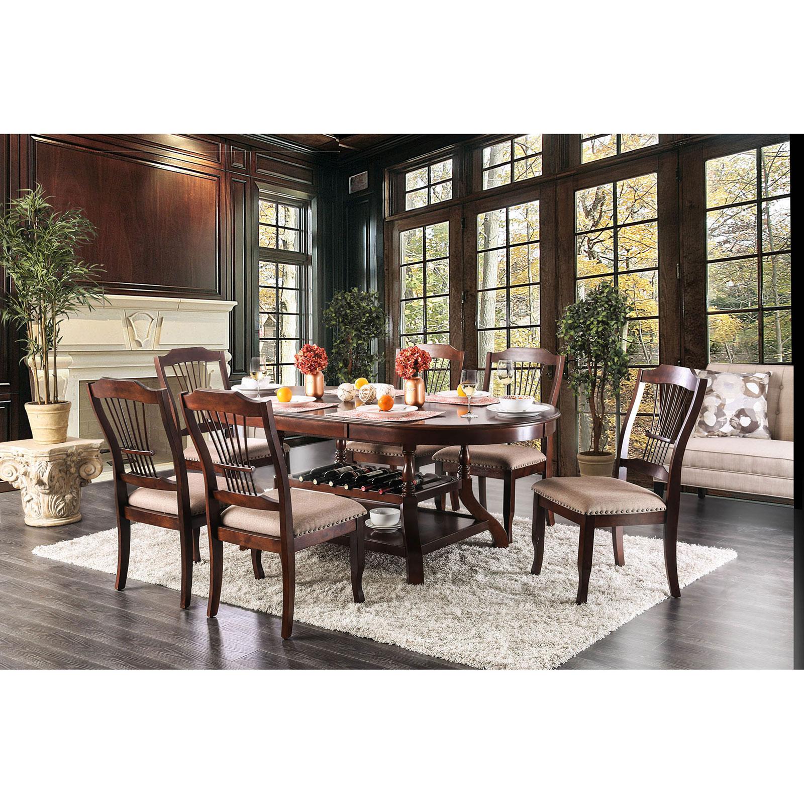 

    
Transitional Brown Cherry & Beige Solid Wood Dining Table Set 5pcs Furniture of America Jordyn
