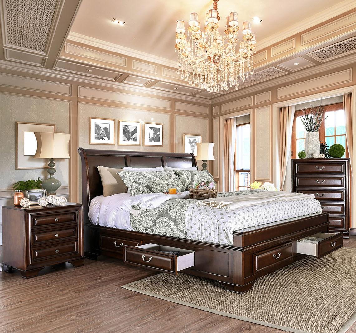 

    
Transitional Brown Cherry Solid Wood CAL Bedroom Set 3pcs Furniture of America CM7302CH Brandt
