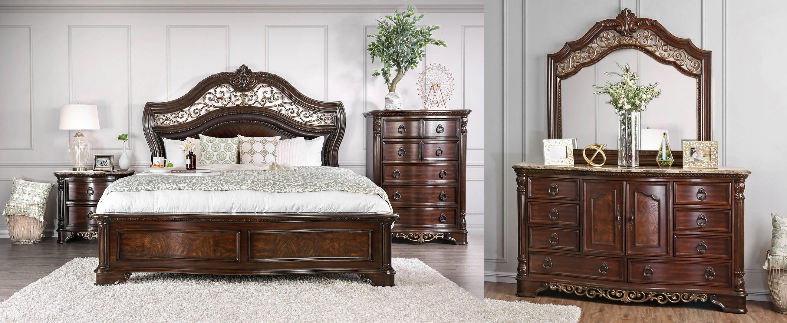 

    
Transitional Brown Cherry Solid Wood CAL Bedroom Set 5pcs Furniture of America CM7311 Menodora
