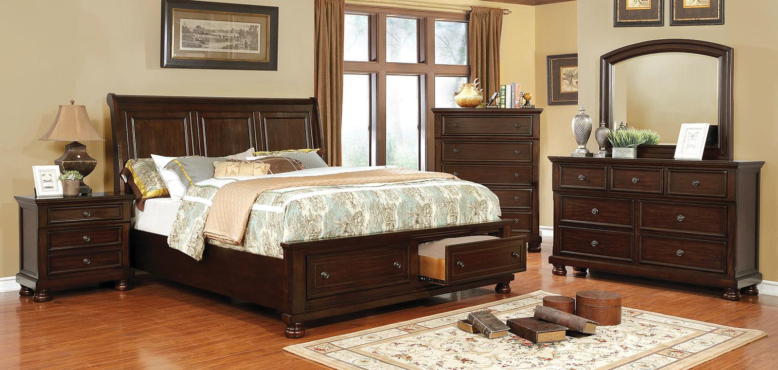 

    
Transitional Brown Cherry Solid Wood CAL Bedroom Set 5pcs Furniture of America CM7590CH Castor
