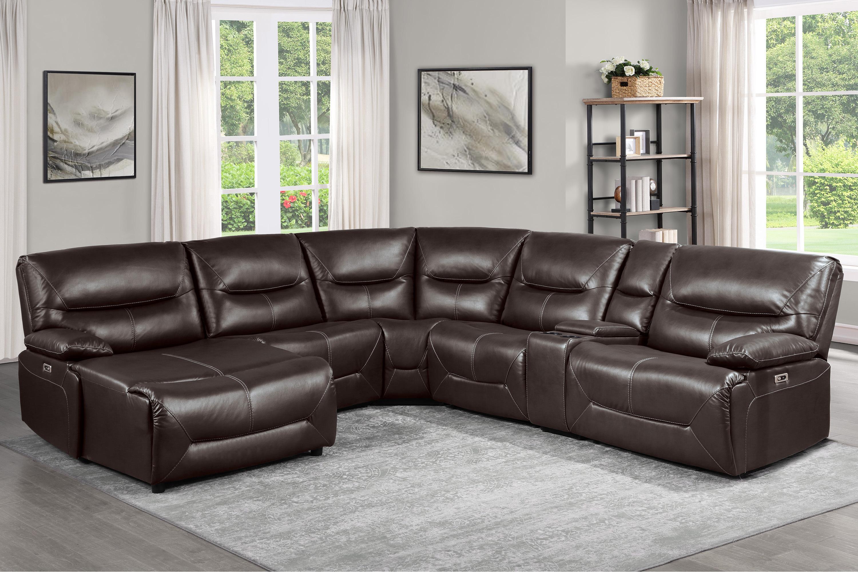 

    
Transitional Brown Faux Leather 6-Piece LSF Power Reclining Sectional Homelegance 9579BRW Dyersburg
