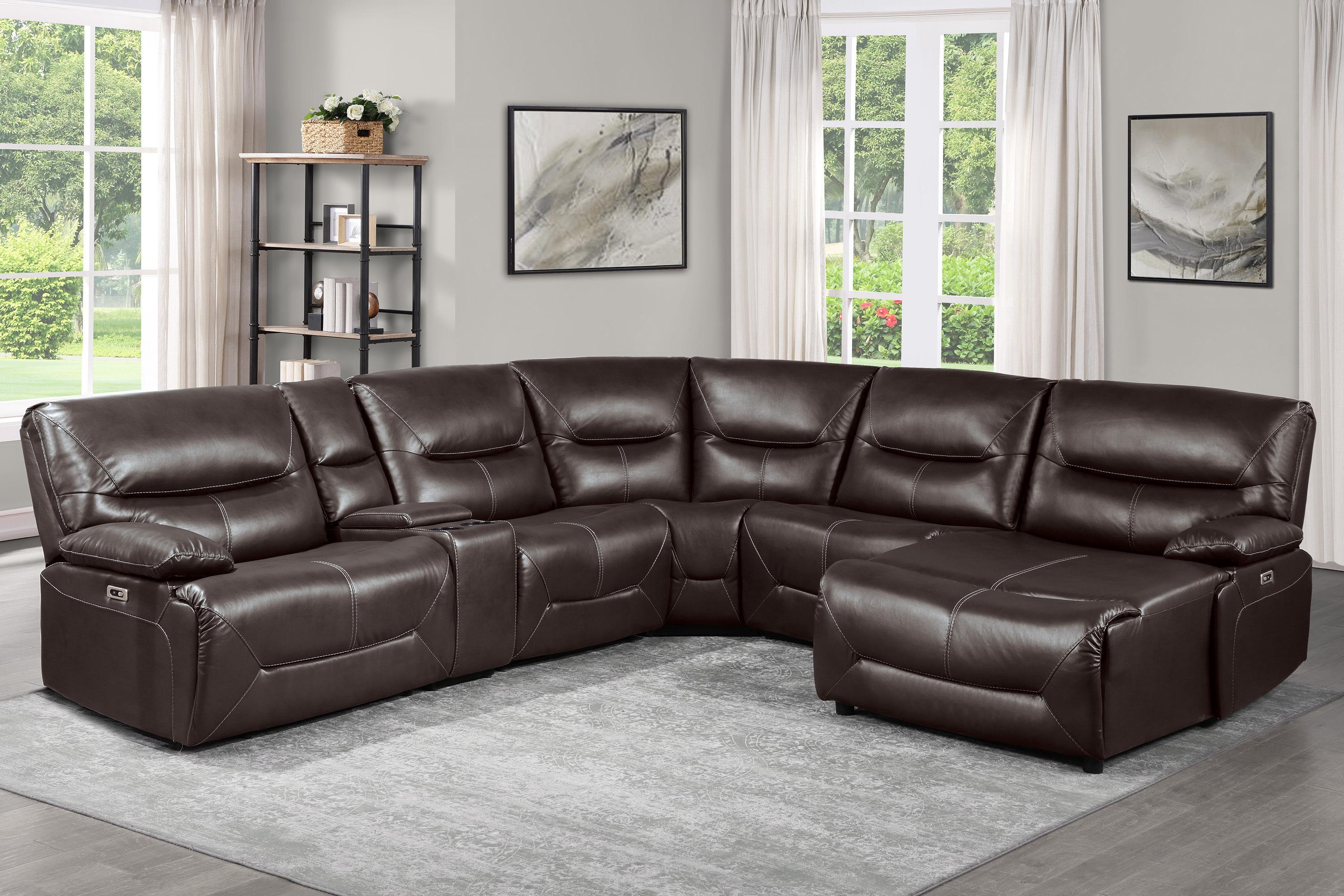 

    
Transitional Brown Faux Leather 6-Piece RSF Power Reclining Sectional Homelegance 9579BRW Dyersburg
