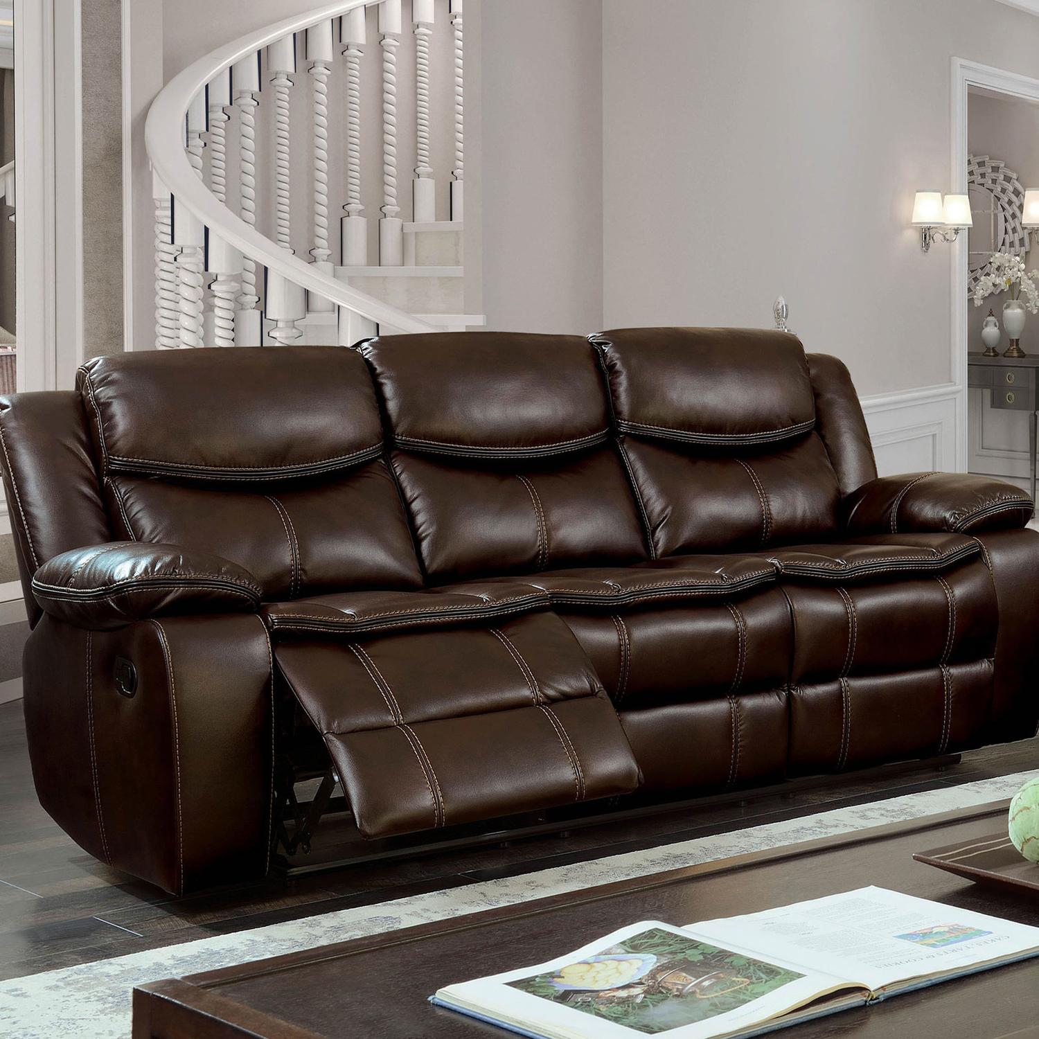 

    
Brown Leatherette Recliner Sofa POLLUX CM6981BR-SF Furniture of America Modern
