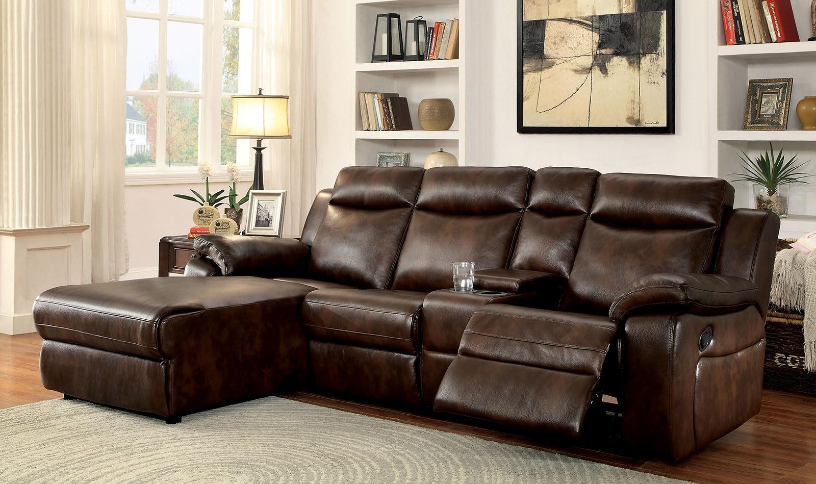

    
Brown Leatherette Recliner Sectional w/ Console HARDY CM6781BR FOA Transitional
