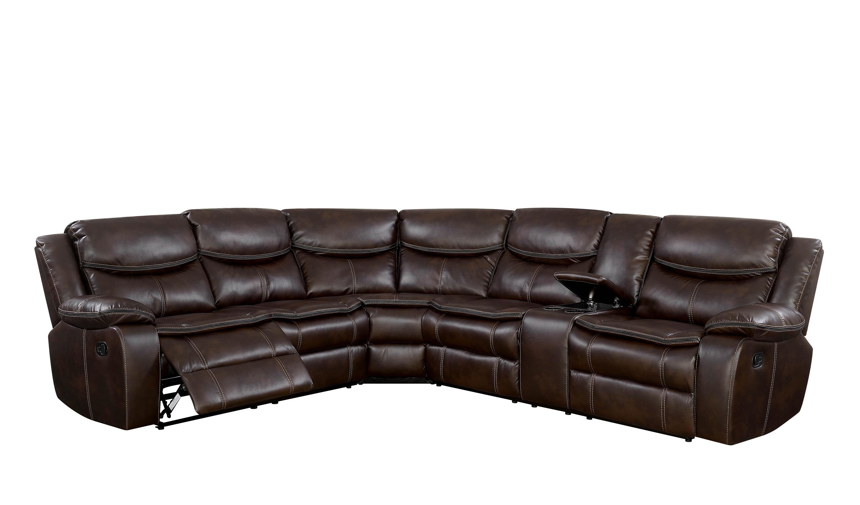 

    
Brown Leatherette Recliner Sectional POLLUX CM6982BR FOA Transitional
