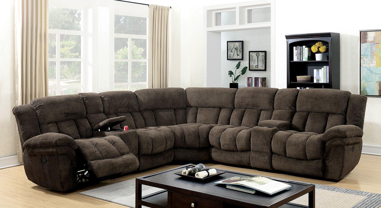 

    
Transitional Brown Flannelette Recliner Sectional Furniture of America CM6585BR-SECT Irene
