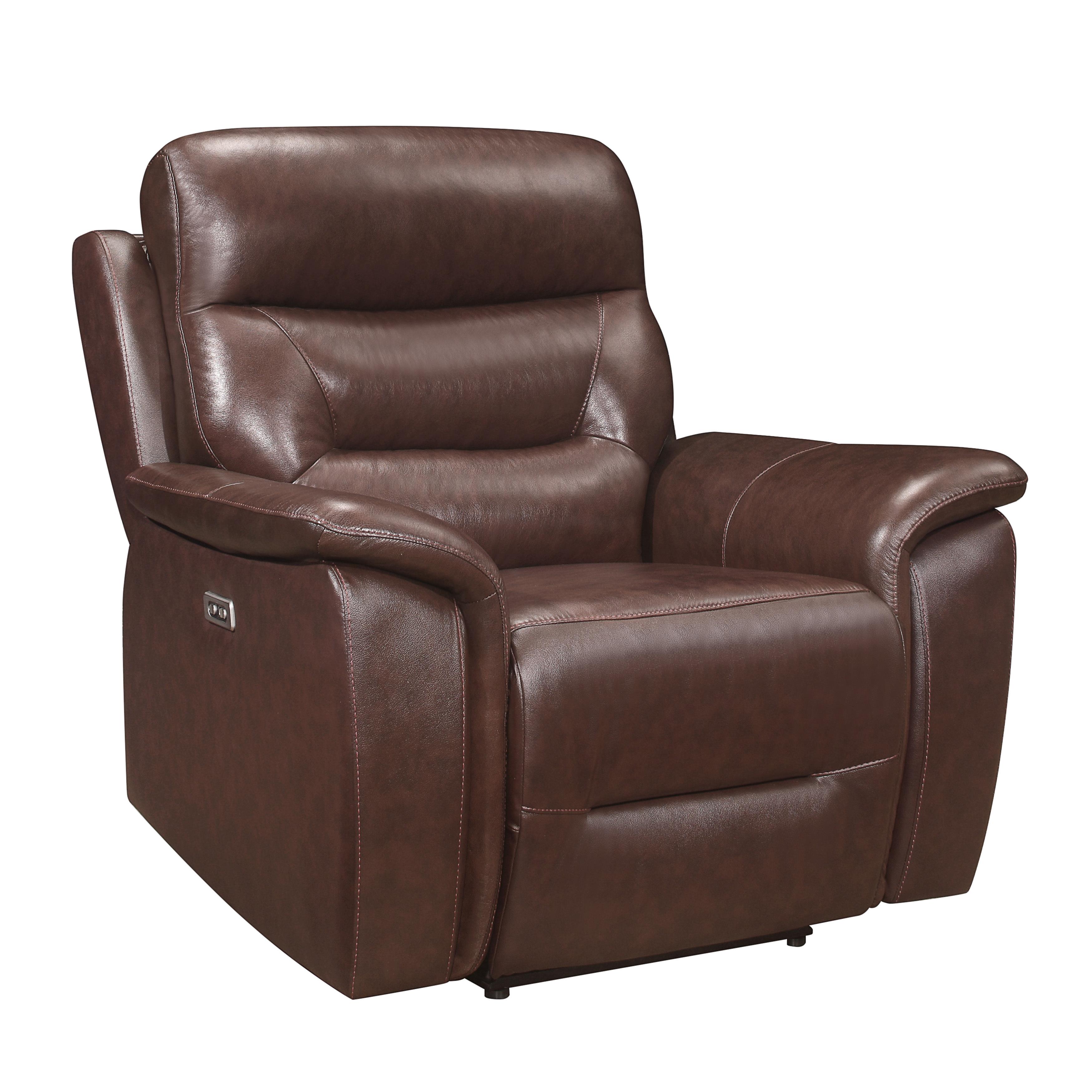 

    
Transitional Brown Leather Power Reclining Chair Homelegance 9445BR-1PWH Armando
