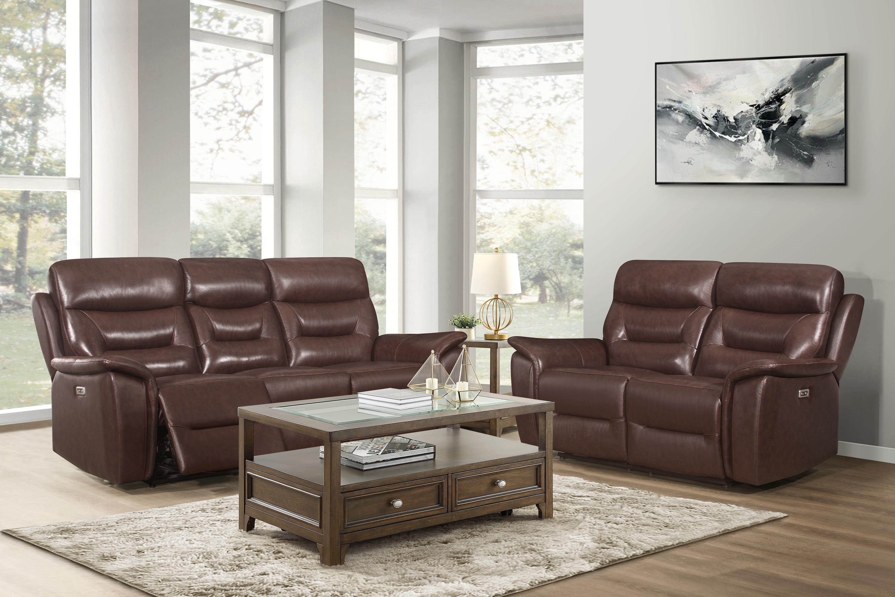 

    
Transitional Brown Leather Power Reclining Set 2pcs Homelegance 9445BR-PWH Armando
