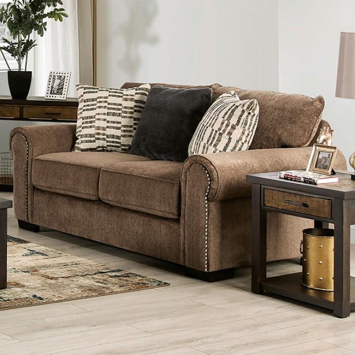 

    
Transitional Brown Linen-like Fabric Loveseat Furniture of America SM1216-LV Laredo
