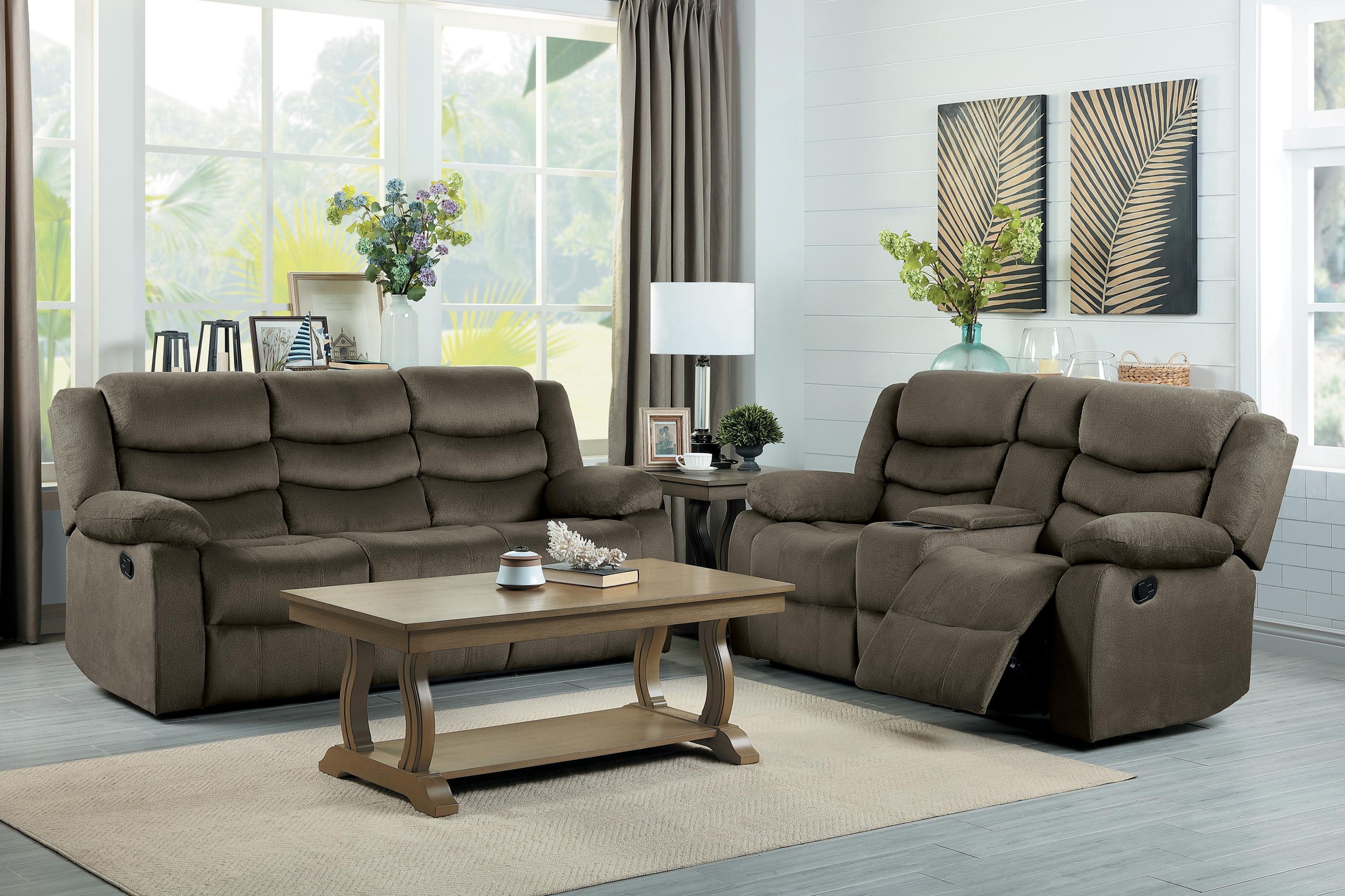 Transitional Reclining Sofa Set 9526BR-2PC Discus 9526BR-2PC in Brown Microfiber