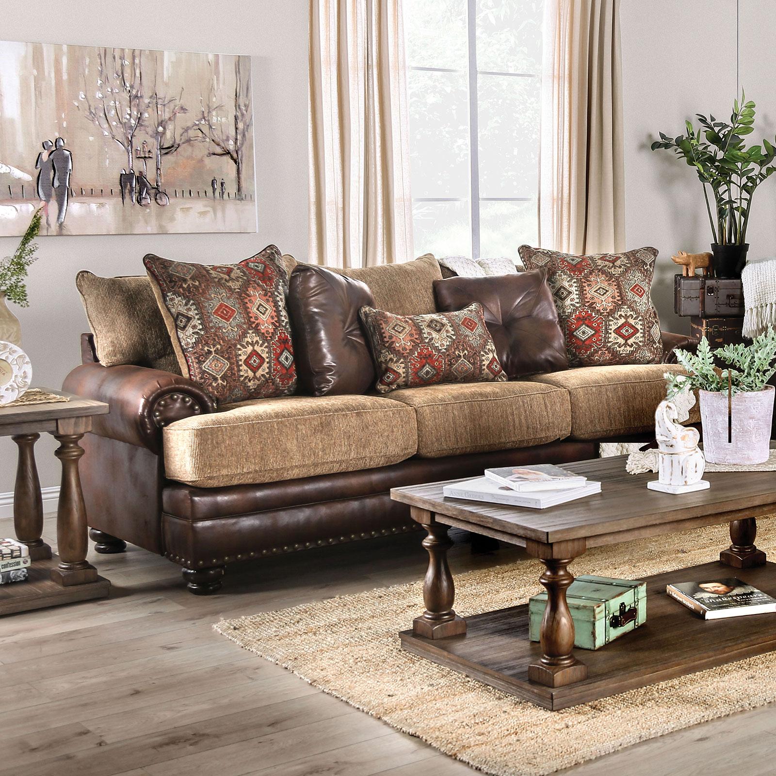 

    
Transitional Brown & Tan Leatherette & Chenille Sofa and Loveseat Furniture of America Fletcher
