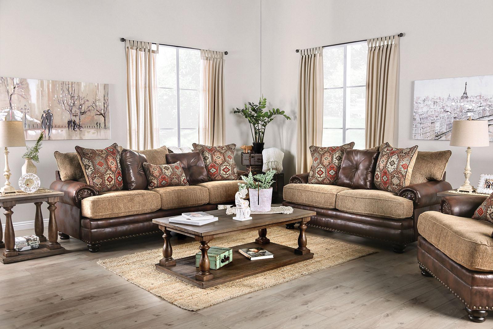 

    
Transitional Brown & Tan Leatherette & Chenille Sofa and Loveseat Furniture of America Fletcher
