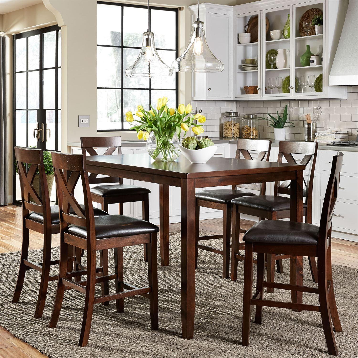 Transitional Counter Dining Set Thornton  (164-CD) Dining Room Set 164-CD-7GTS in Brown, Black Faux Leather