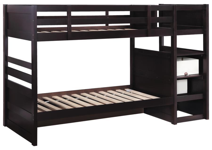 

    
Transitional Cappuccino Solid Pine Twin/Twin Bunk Bed Coaster 460441 Elliott
