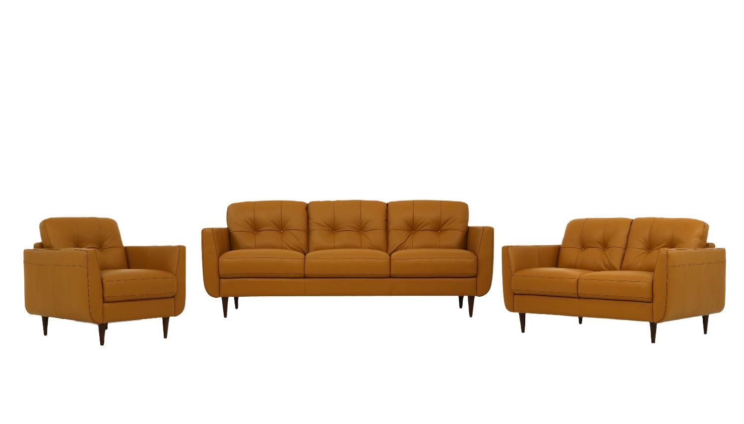 Transitional Sofa Loveseat and Chair Set Radwan 54955-3pcs in Camel Leather