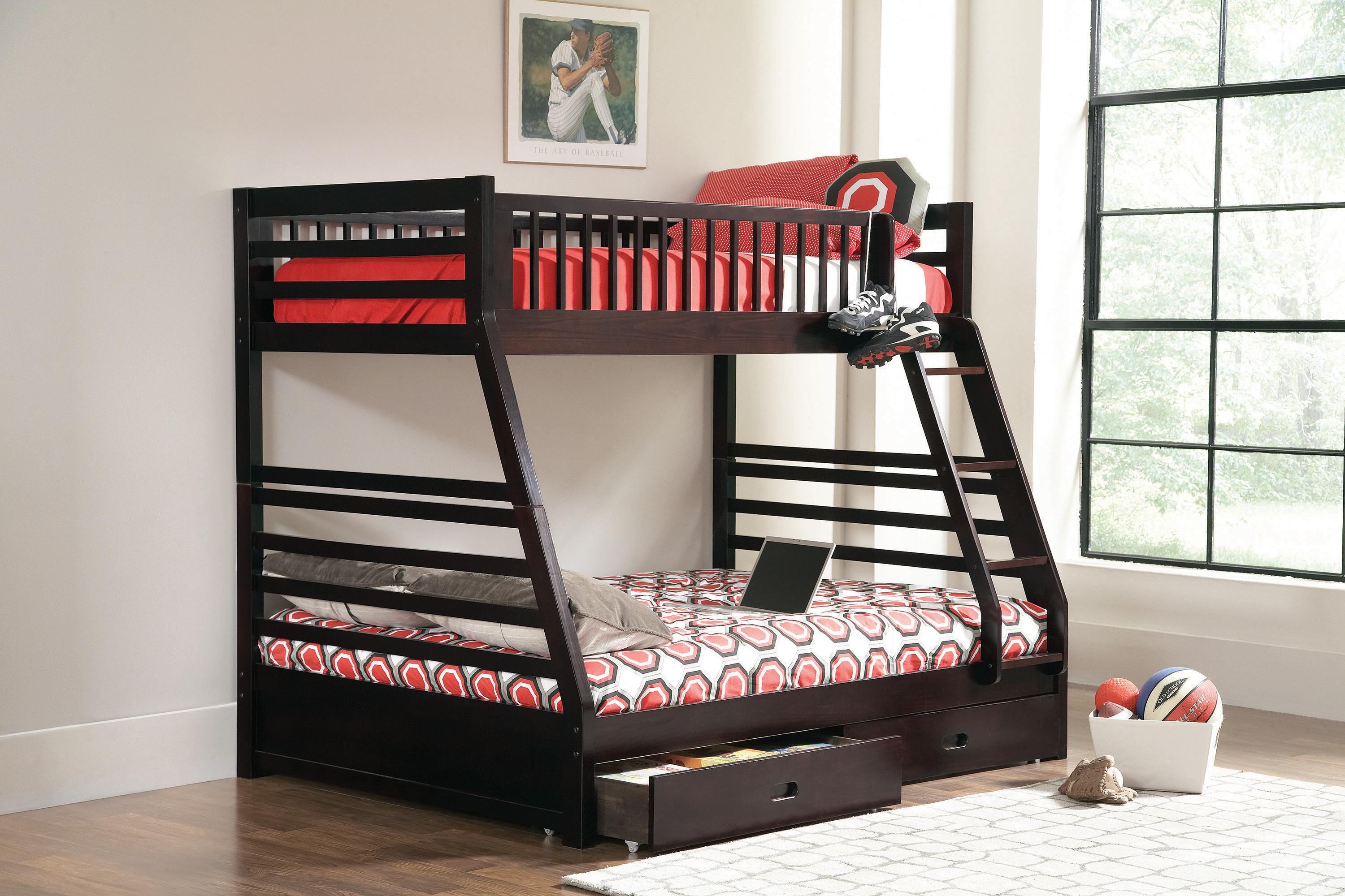 

    
Transitional Cappuccino Solid Pine Twin/Full Bunk Bed Coaster 460184 Ashton
