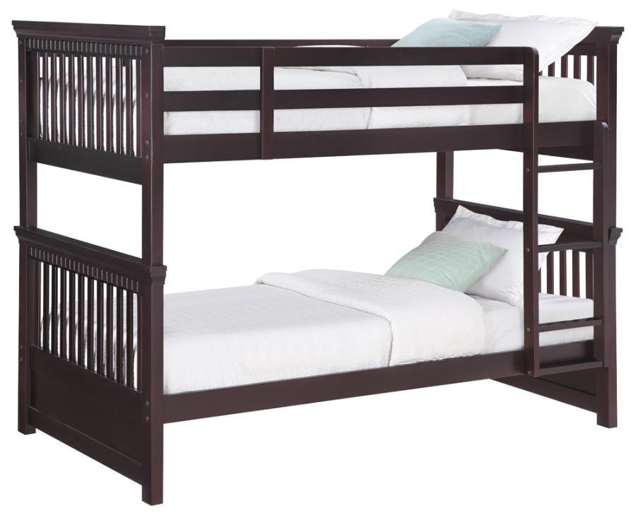 

    
Transitional Cappuccino Solid Pine Twin/Twin Bunk Bed Coaster 460266 Miles
