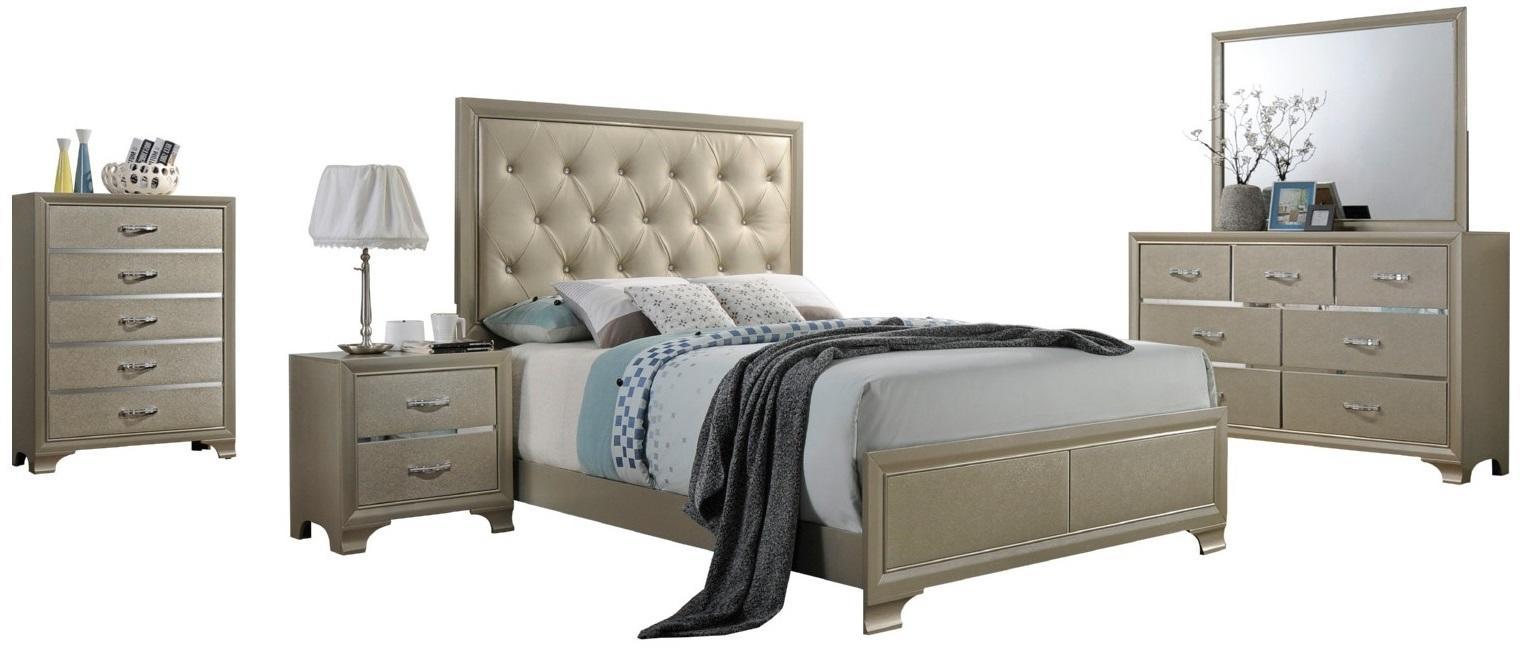 

    
Transitional Champagne Finish Button Tufted Headboard Queen Bedroom Set 5Pcs Carine-26240Q Acme
