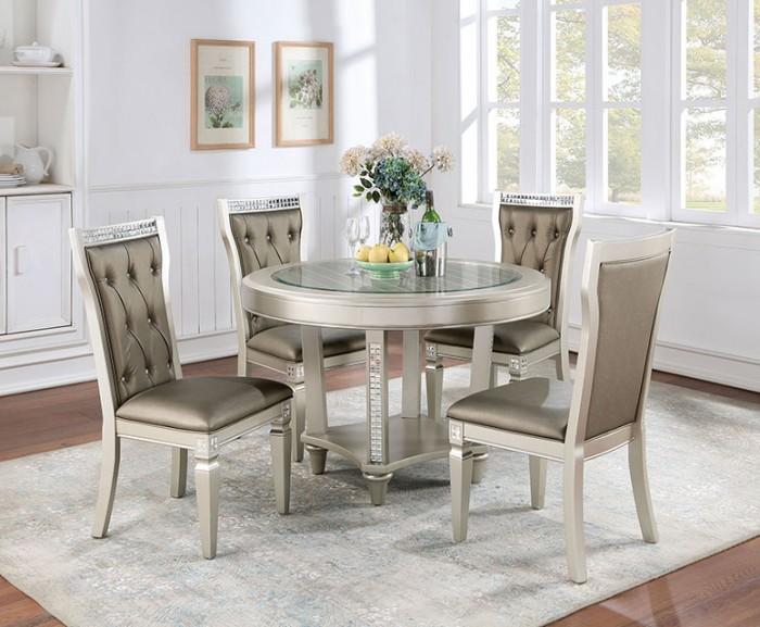 

    
Transitional Champagne Solid Wood Round Dining Room Set 5pcs Furniture of America Adelina
