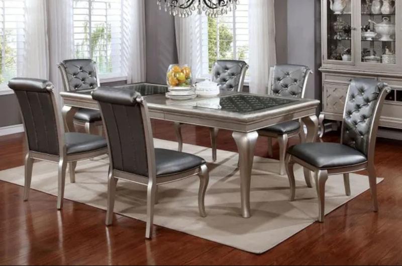 

    
Transitional Champagne Solid Wood Dining Table 66" Set 8pcs w/Buffet Furniture of America Amina
