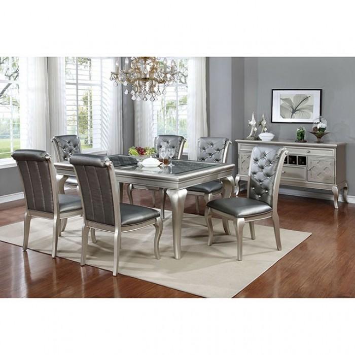 

    
Transitional Champagne Solid Wood Dining Table 66" Set 8pcs w/Server Furniture of America Amina
