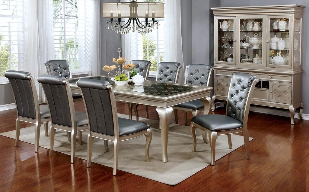 

    
Transitional Champagne Solid Wood & Glass Dining Table Set 10pcs w/Buffet Furniture of America Amina

