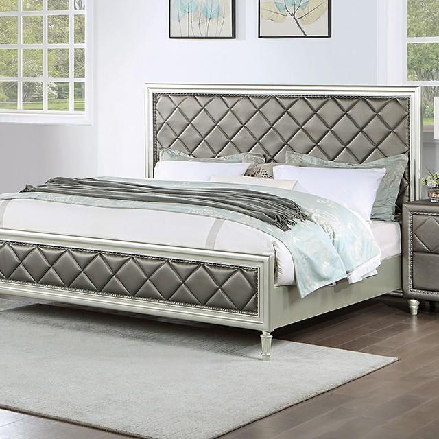 Transitional Panel Bed Xandria California King Panel Bed FOA7224CPN-CK FOA7224CPN-CK in Warm Gray, Champagne Leatherette