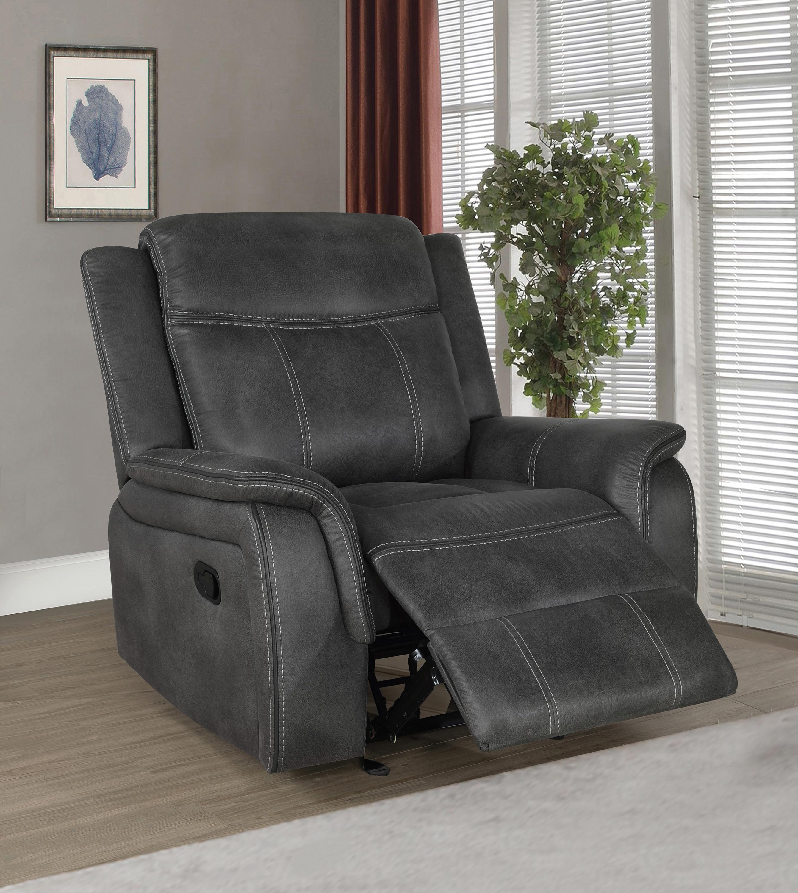 

                    
Coaster 603506 Lawrence Glider recliner Charcoal Coated Microfiber Purchase 
