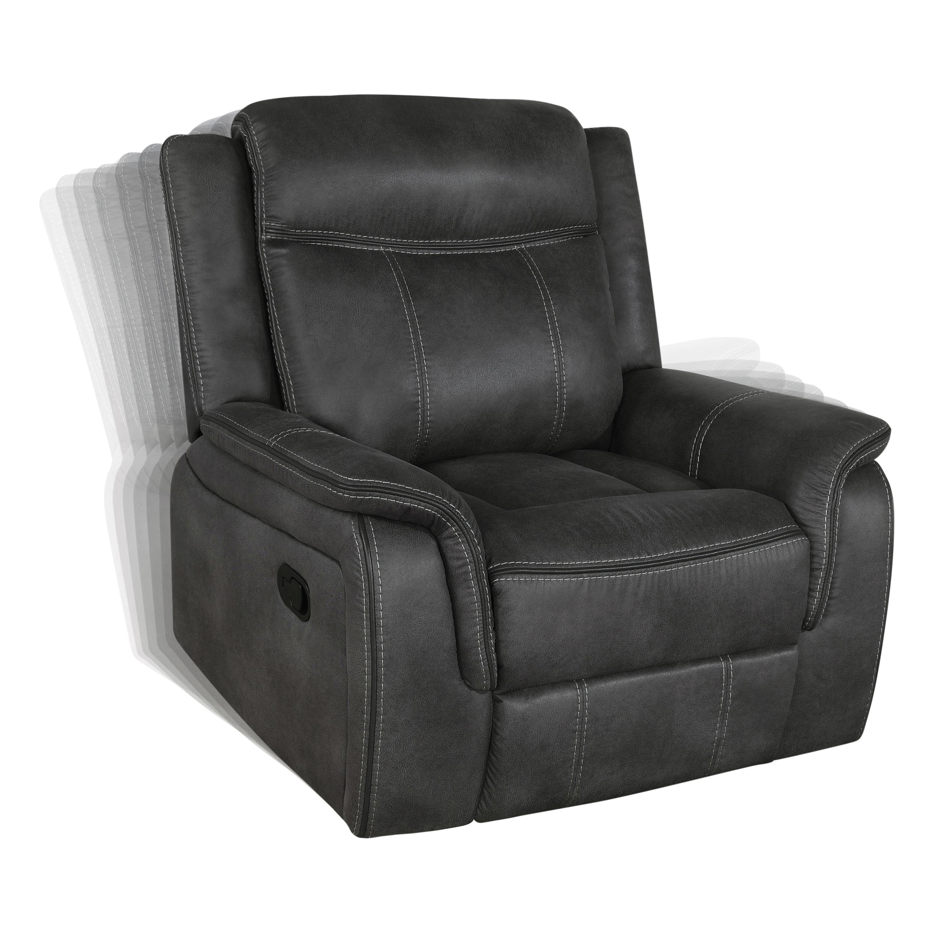 

    
Transitional Charcoal Coated Microfiber Glider Recliner Coaster 603506 Lawrence
