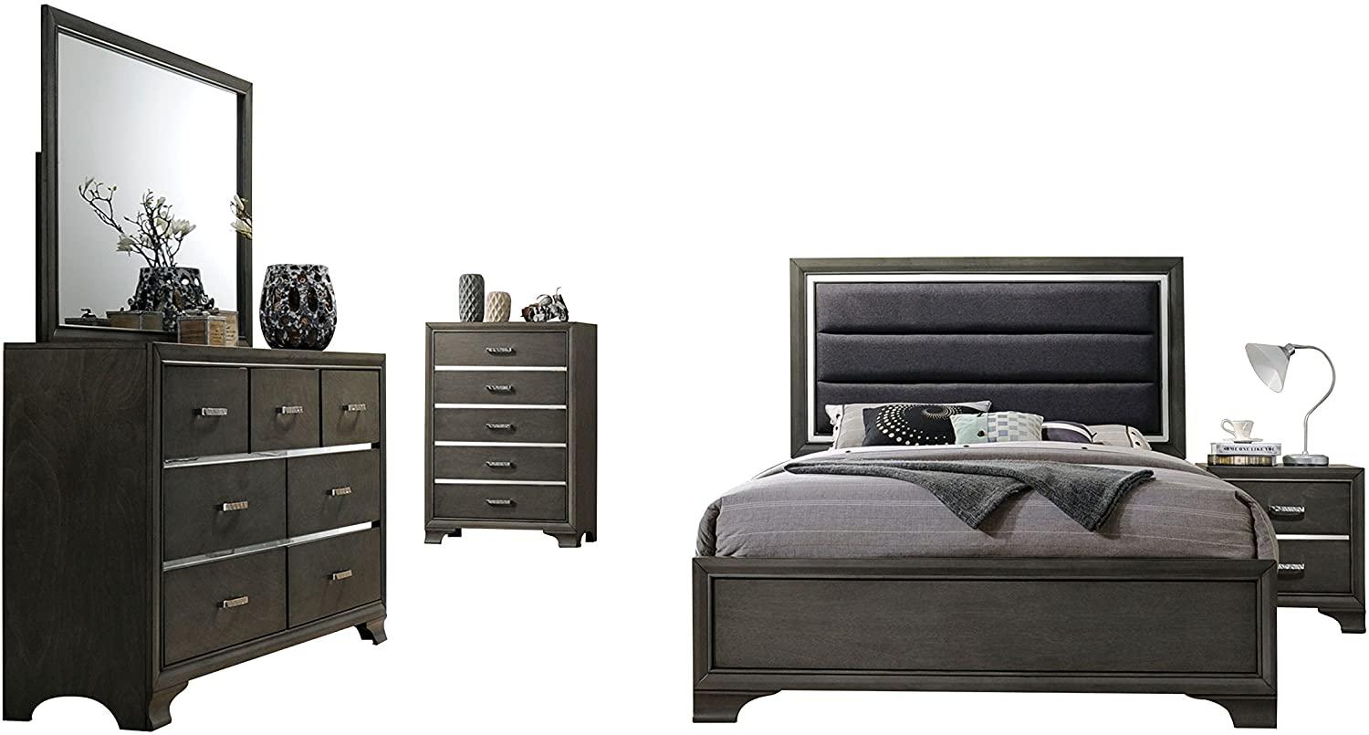 Transitional Panel Bedroom Set Carine II-26260Q 26260Q -Set-5 in Charcoal, Gray Fabric