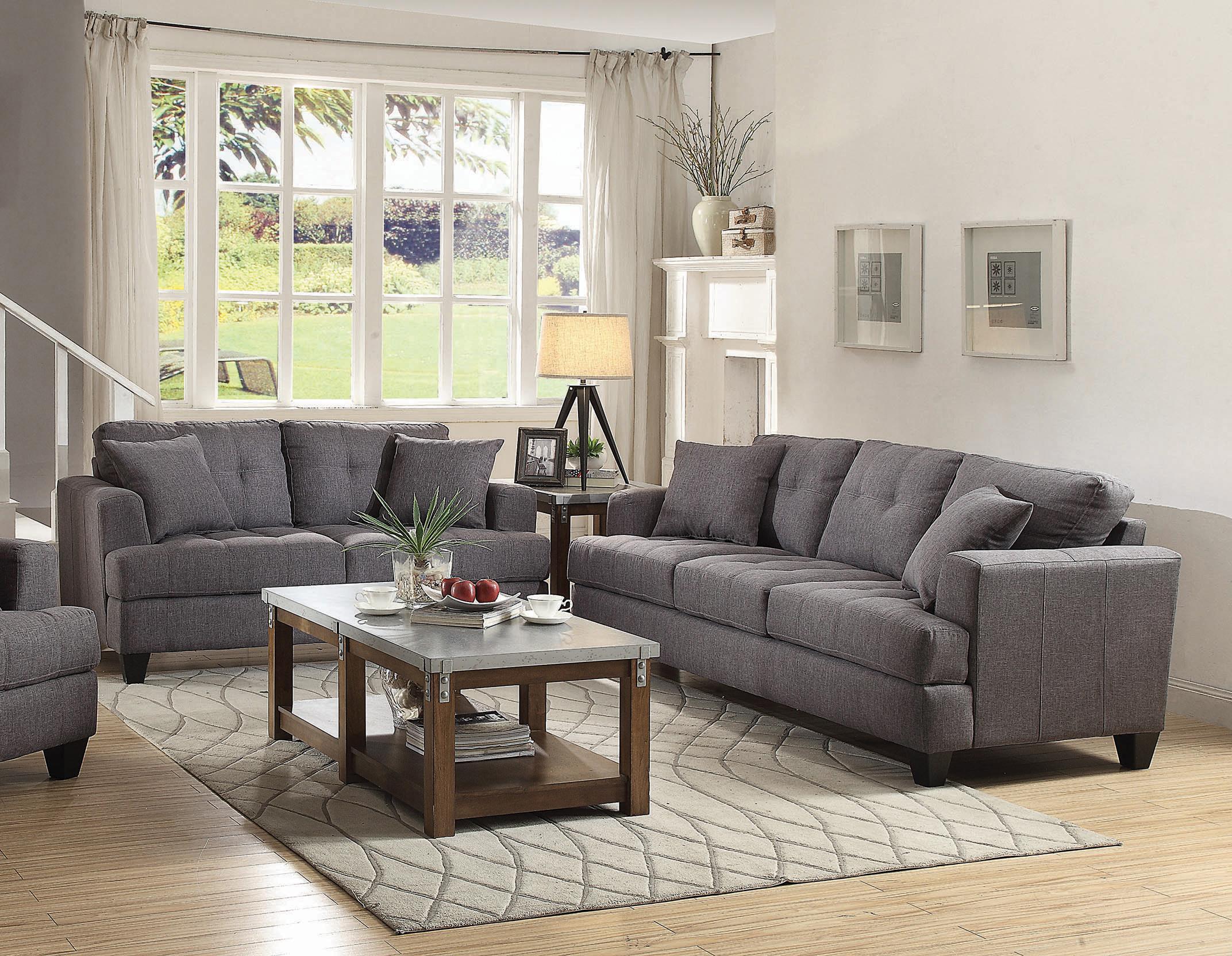 

    
Transitional Charcoal Linen-like Upholstery Living Room Set 2pcs Coaster 505175-S2 Samuel
