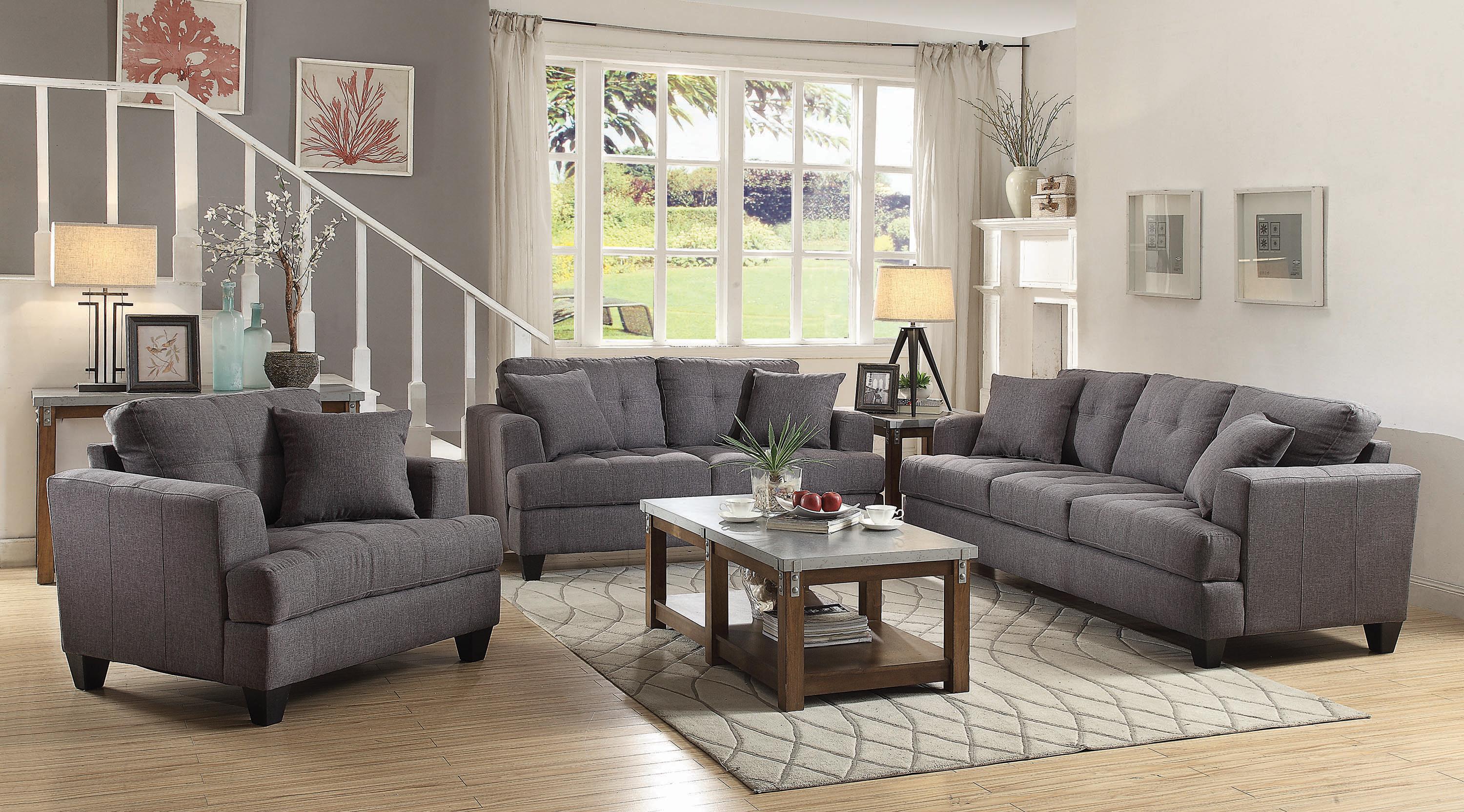 

    
Transitional Charcoal Linen-like Upholstery Living Room Set 3pcs Coaster 505175-S3 Samuel
