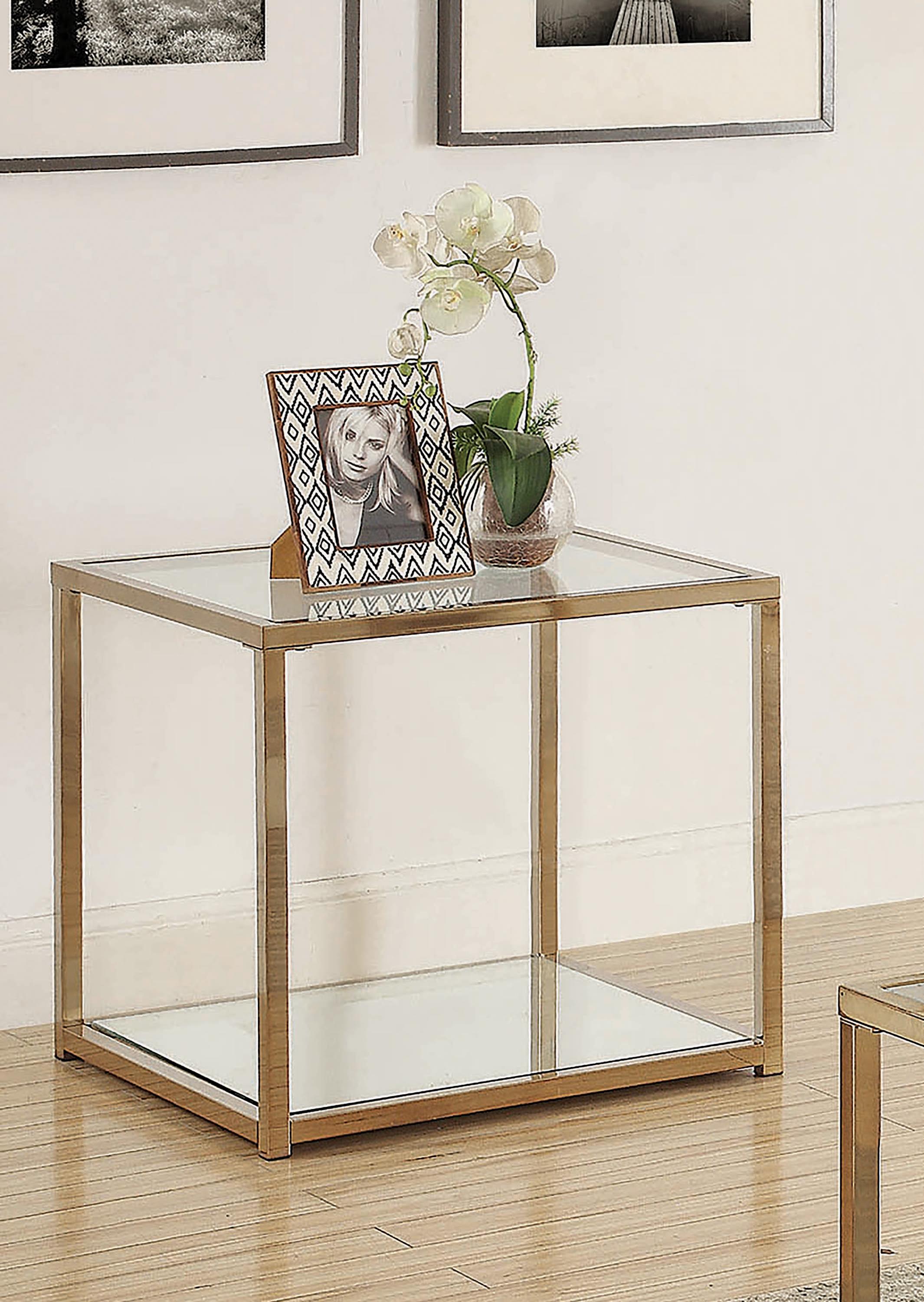 

    
 Photo  Transitional Chocolate Chrome Tempered Glass Coffee Table Set 3pcs Coaster 705238-S3
