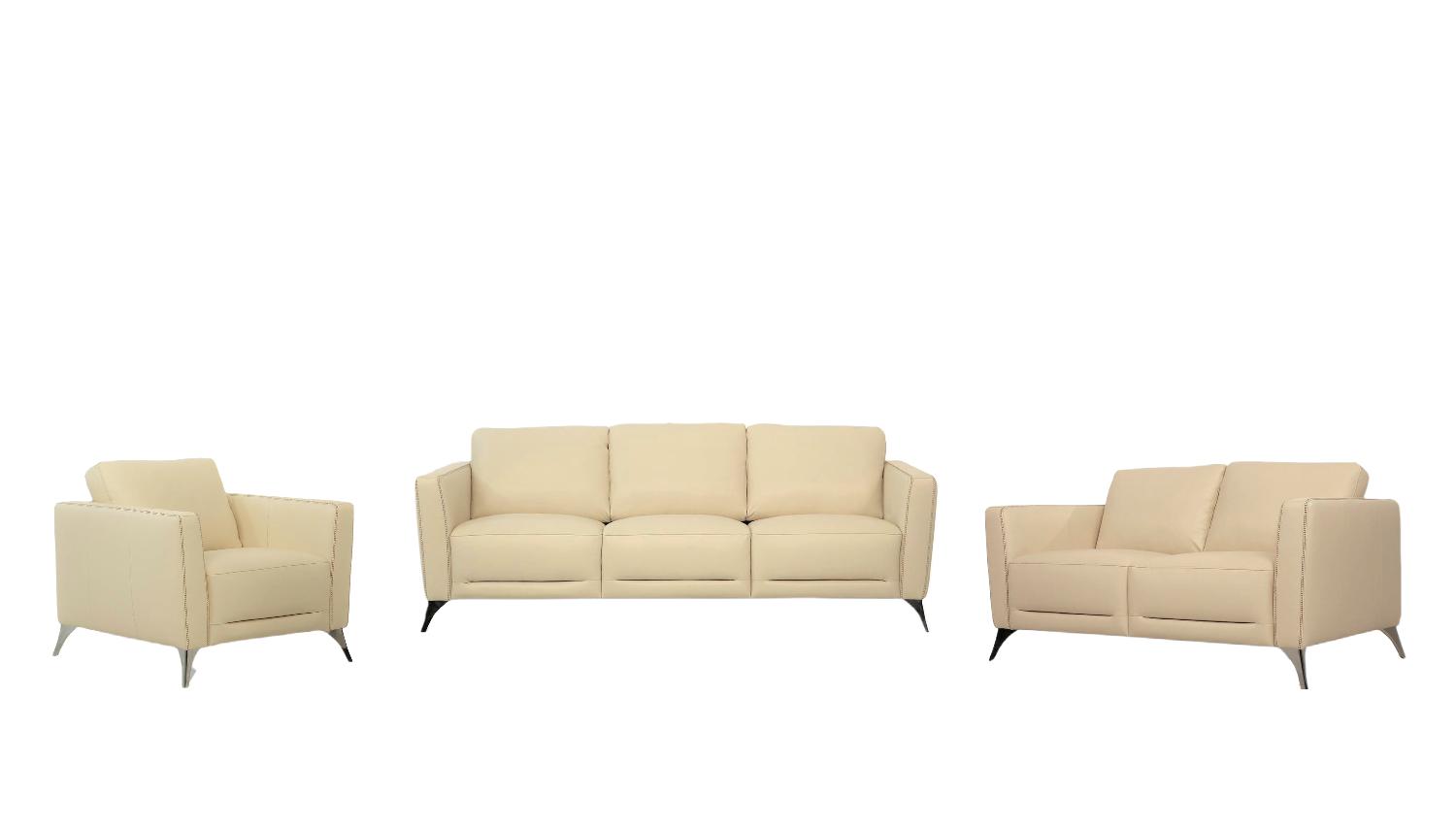 

    
Transitional Cream Leather Sofa + Loveseat + Chair by Acme Malaga 55005-3pcs
