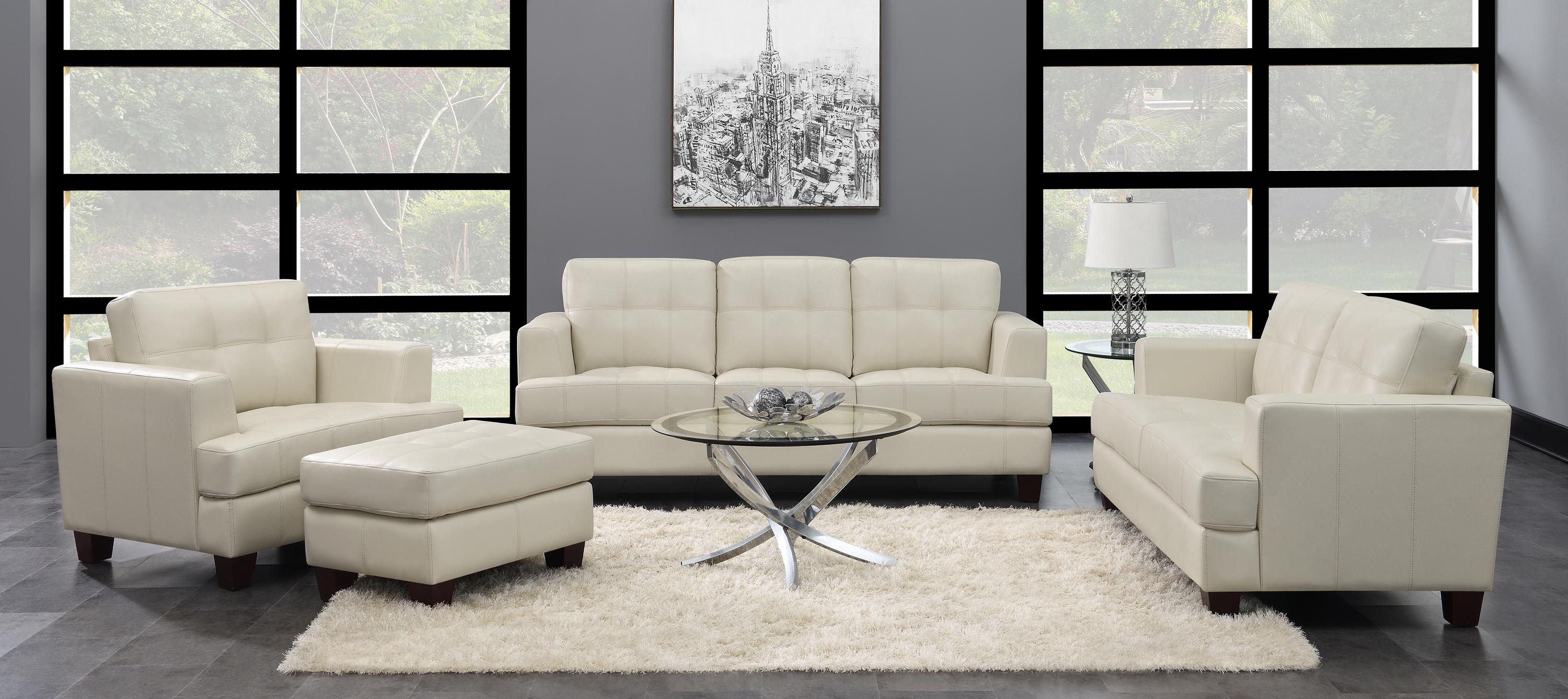 

    
Transitional Cream Leatherette Living Room Set 3pcs Coaster 501691-S3 Samuel

